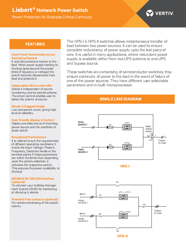 Vertiv Liebert NPS-I R32 Static Transfer Switch with 16A Max Current 240V Max Voltage and IP20 Protection