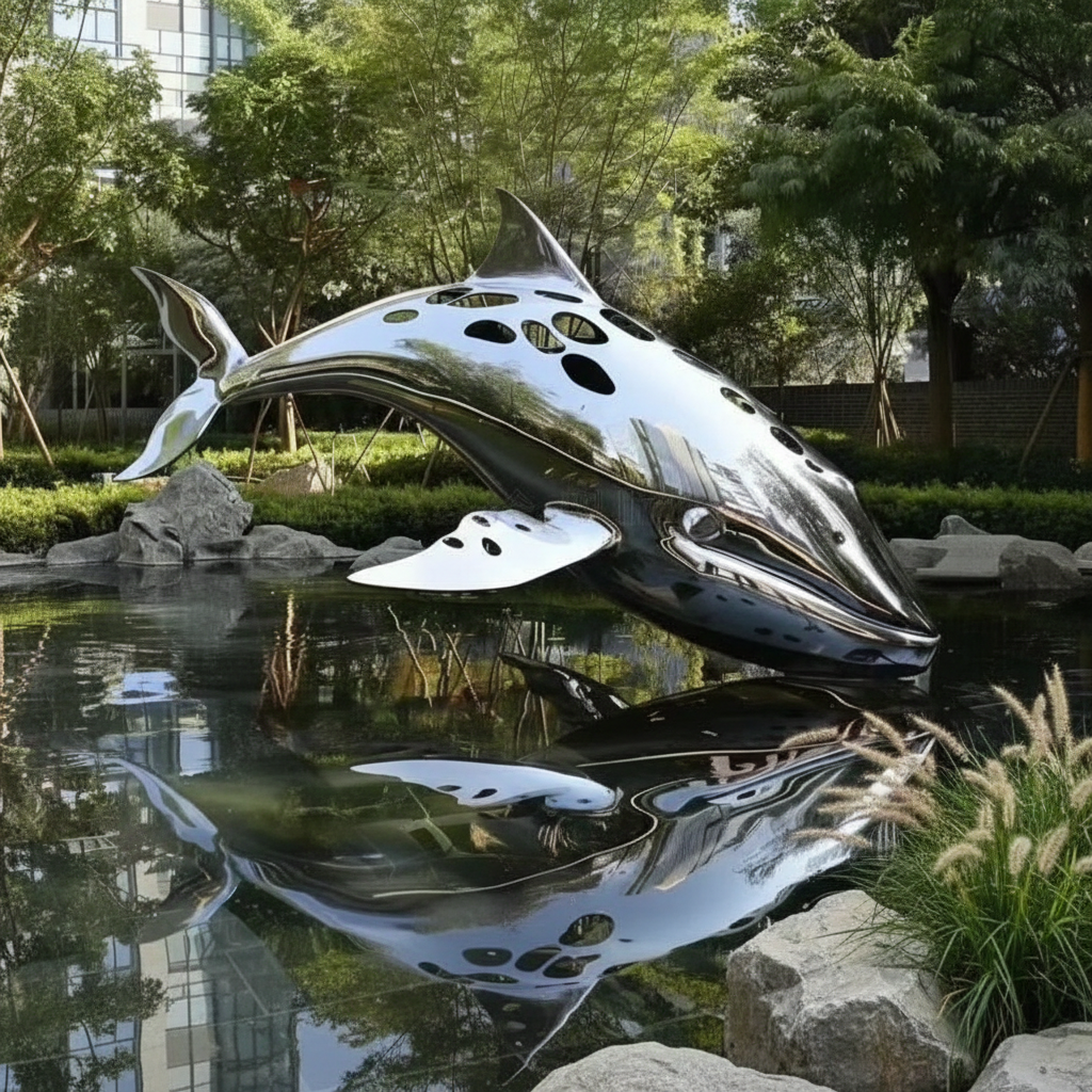 Modern Marine Sculpture Stainless Steel Whale Art for Garden Water Feature Outdoor Decor