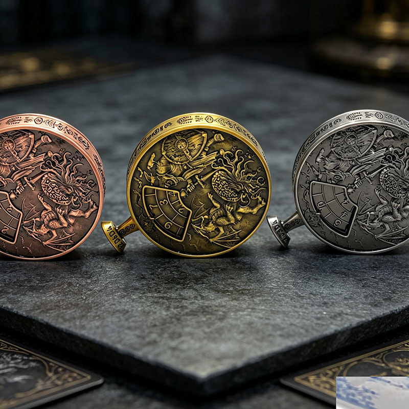 Premium Antique Copper Metal Dice Spinner with 7-in-1 Dual Sided Design and Press-to-Spin Mechanism for TRPG Gaming