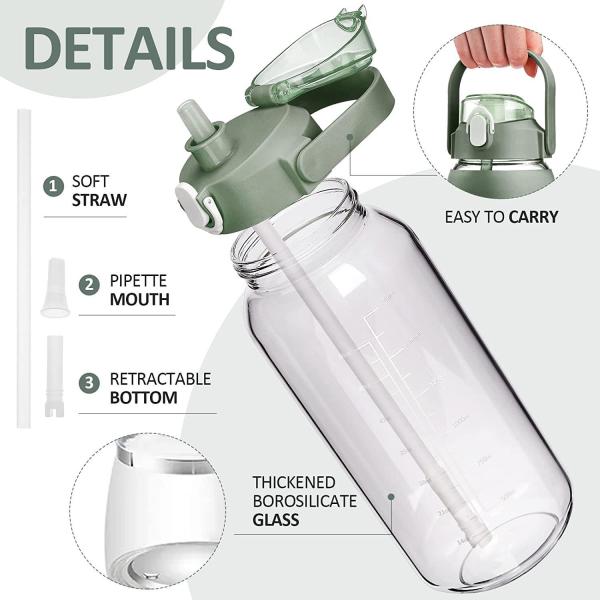 64 oz BPA-Free Glass Water Bottle with Straw and Time Marker Motivational Sports Bottle