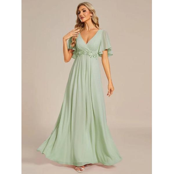 Charming Empire Applique A-line Short Flutter Sleeves V-neck Invisible Zipper Mint Green Chiffon Evening Dress