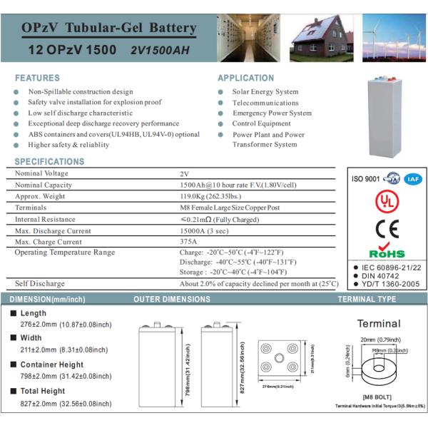 Opzv Tubular Gel Vrla Battery 1500ah 2v For Solar Panel Battery System