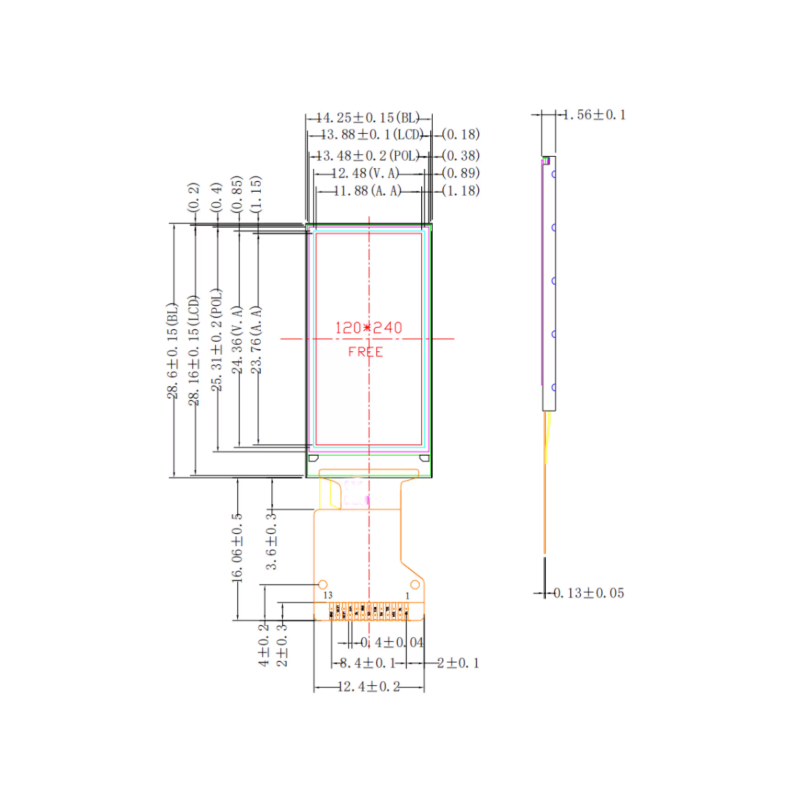 1.05 inches, driven by GC9A01, a TFT display with a resolution of 128X240 IPS LCD screen, available in plug-in or soldered types
