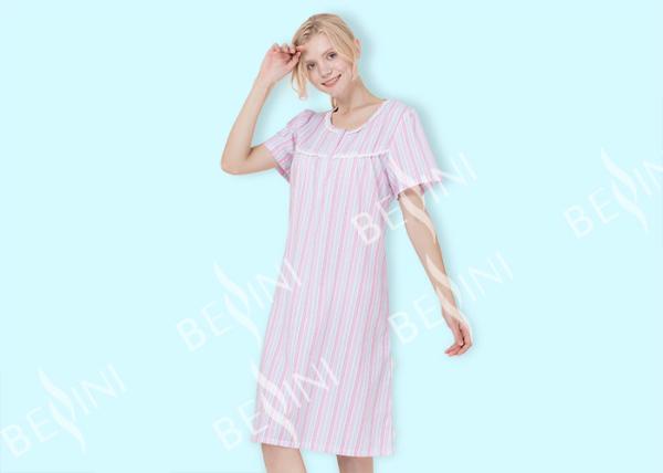 Lace Trimmed Female Night Dress , Short Sleeve Round Neck Women'S Pajama Dress
