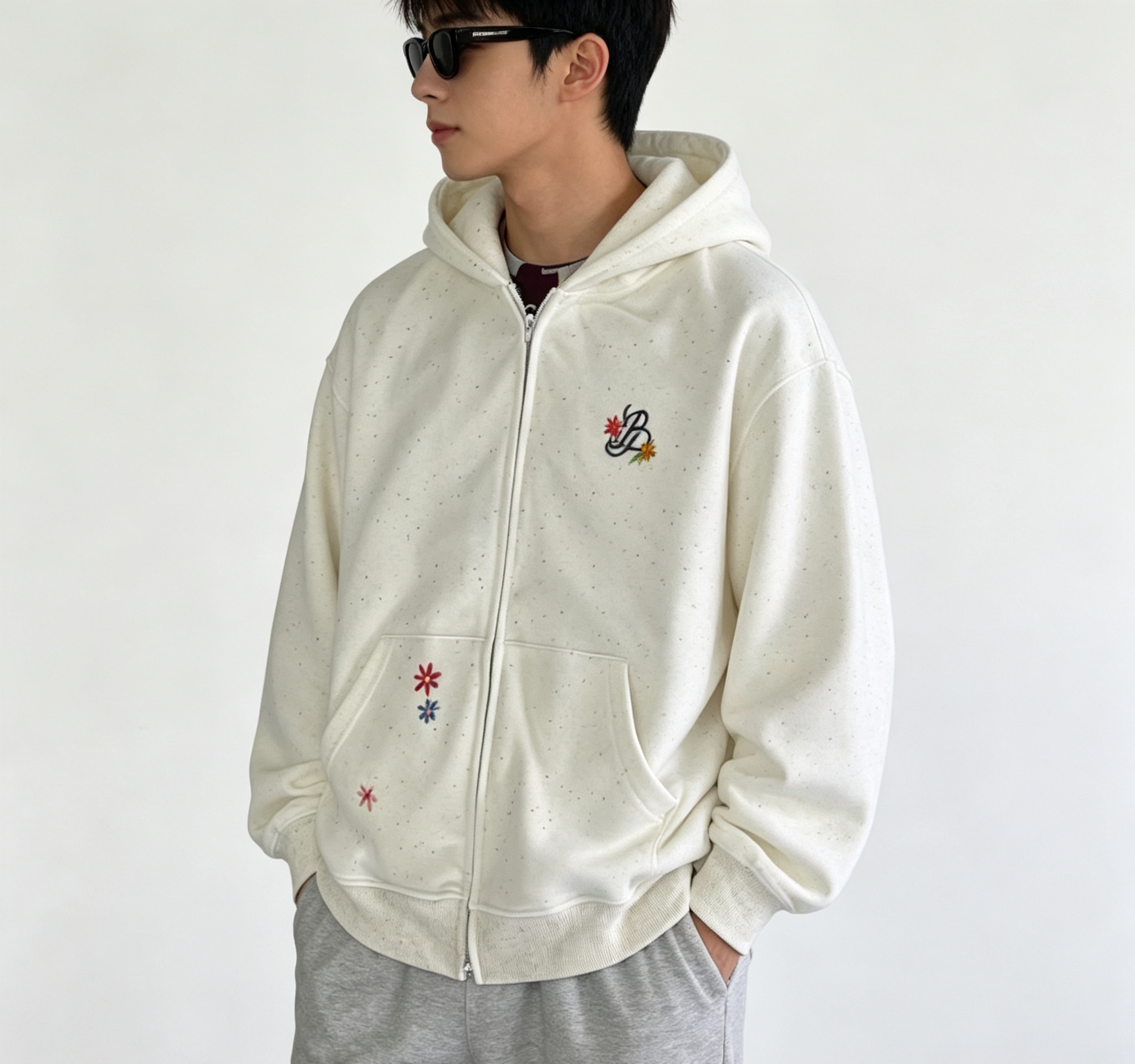 Heavy Terry Fleece Men's Heavyweight Hoodie Speckled Floral Embroidery Fleece Zip Up Jacket Oversized