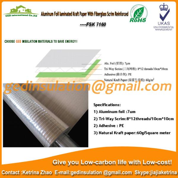 Aluminum foil laminated 60g kraft paper with fiberglass scrim reinforced