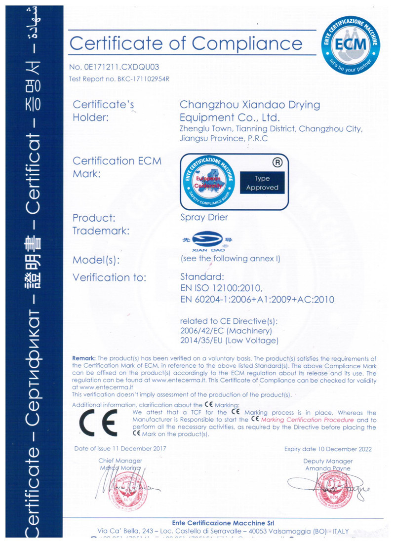 Jiangsu XIANDAO Drying Technology Co., Ltd. Сертификации