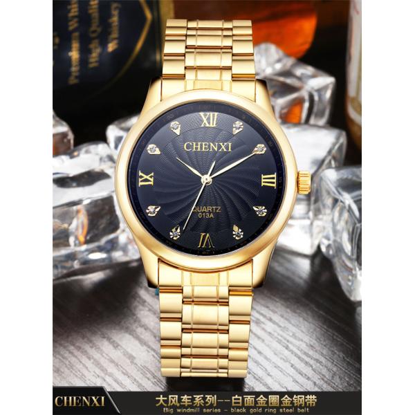 013 High Quality Stainless Steel Band Watch Imitation Diamond Black White Full Gold Watch