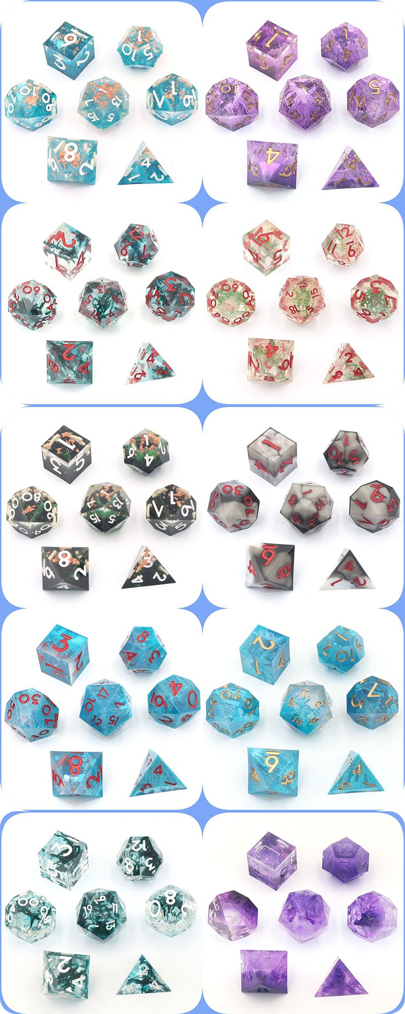 Wholesale Transparent Glitter Polyhedral Resin Dice Set with Custom Logo for DND Games in 14-20mm Size