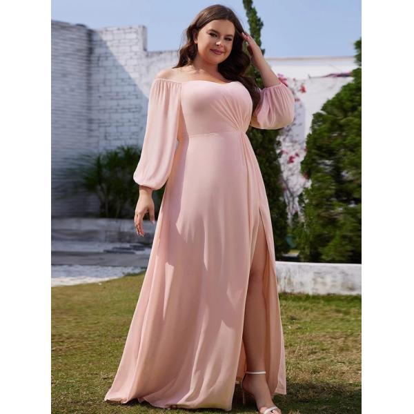 Plus Size Ruffled Sweetheart Neck Long-sleeved High Slit Pink Chiffon Off-shoulder Bridesmaid Dresses