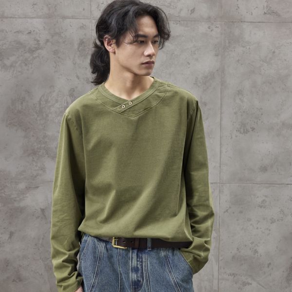 330g Heavy-Duty 100% Cotton Breathable Vintage Knitted Blank Regular Fit Men's Autumn Solid Color Long Sleeve O-Neck T-Shirt OEM
