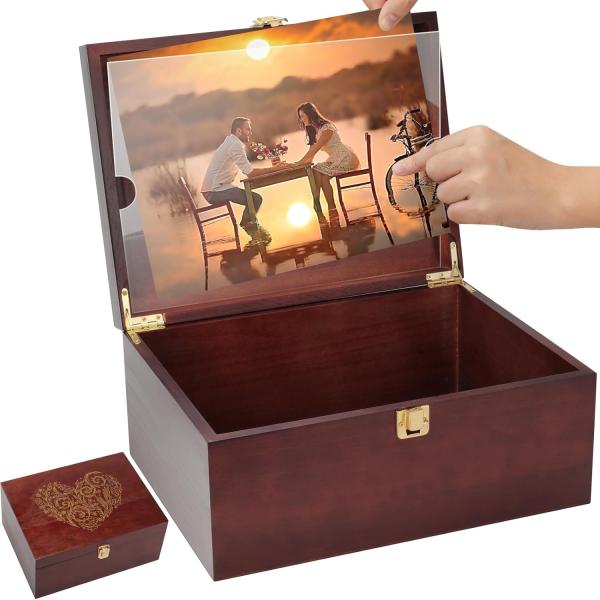 Large Wooden Keepsake Box with Hinged Lid and Photo Frame Elegant Wedding Memories
