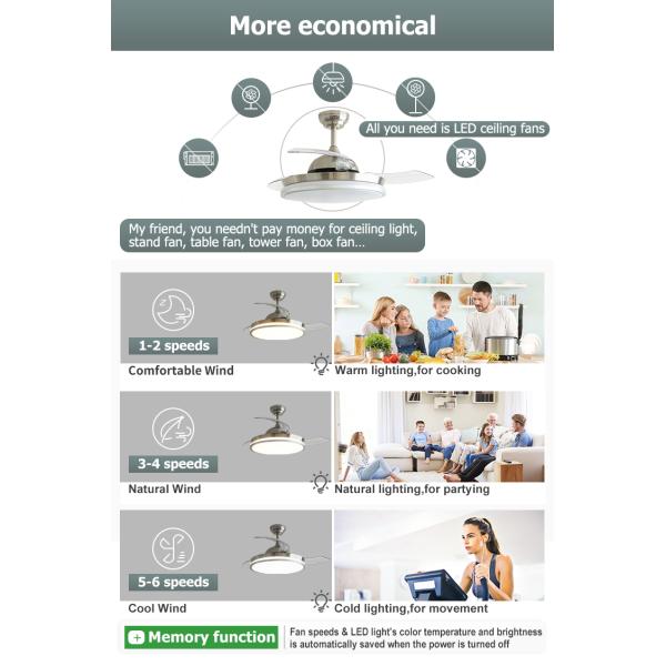 Ventilador de teto LED de níquel de cetim de 42 polegadas com lâminas dobráveis e fonte de luz retrátil