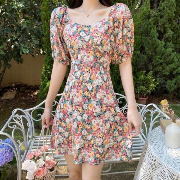 Floral Painting Print A Line Puff Sleeve Mini Dress Leisure Holiday Style