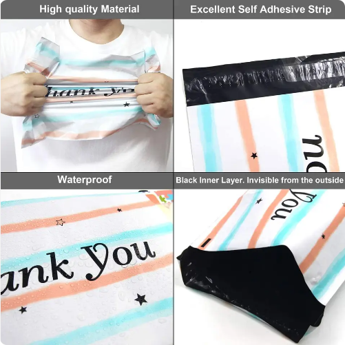 Sustainable Waterproof Compostable Mailing Bag With Color Stripe And Thank You Print For Packaging