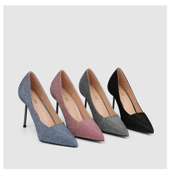 Glitter PU ODM Women Pointed Toe Pumps High Heels Rubber Bottom