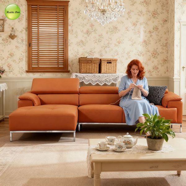 Beige Orange Brown PU Leather Sectional Couch Sofa 40D Sponge Customizable