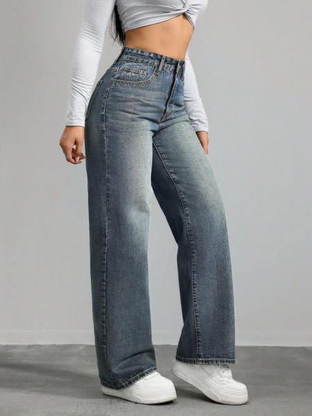 Prussian blue high-waisted straight-leg jeans for women
