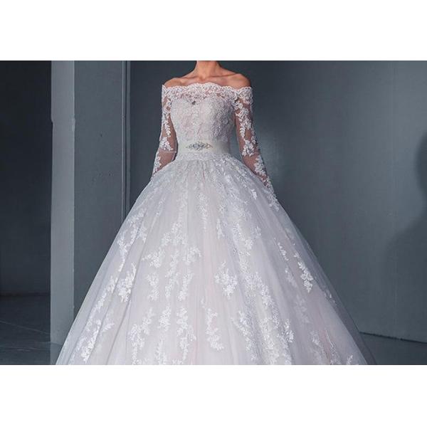 Off The Shoulder Ball Gown Wedding Dress Beaded Belt Long Sleeve Lace Tail
