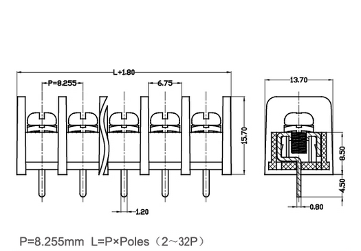 винт терминального блока 2-32 Poles 300V/20A M3 барьера тангажа 8.255mm