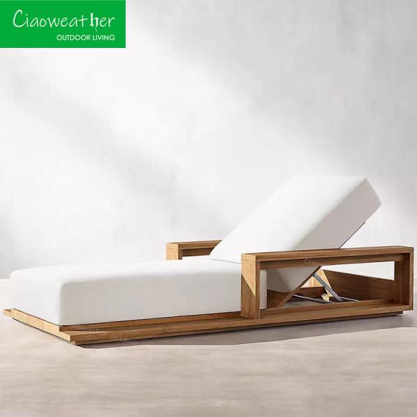 Modern Design Style Outdoor Garden Hotel Wooden Sun Lounger with Thick Cushion and Long Hardwood Teak Wood Folded NO
