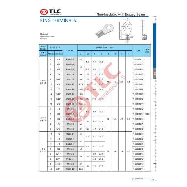 Copper Non Insulated Ring Terminals With Temperature Rating Of 105°C 0.5-14mm2