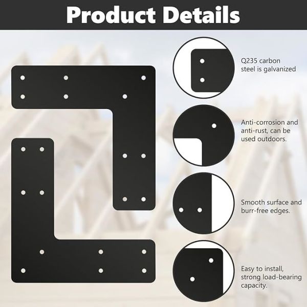Black Alloy Steel L Shape Connector 10x10 Inch Powder Coated Post to Beam Bracket for Corner Mount