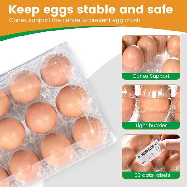 Count Plastic Egg Cartons, With 60PCS Date Labels, Bulk Cheap Clear Reusable Egg Containers For Fresh Medium Eggs Storage, Suitable For Farms, Families, Markets Display