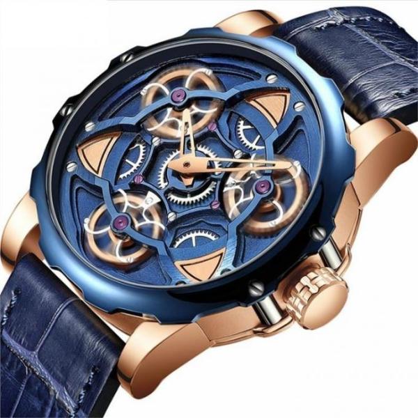3ATM Waterproof Mechanical Hollow Leather Quartz Watch With 44mm Dial