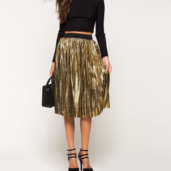 Knee Length High Waist Maxi Skirt Women Ladies Pleated Metallic Casual Design Fashion