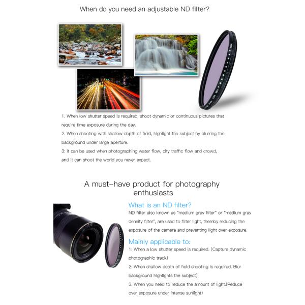 Adjutable Variable ND Filter HD MRC ND2-ND400 37mm To 95mm Caliber 18g