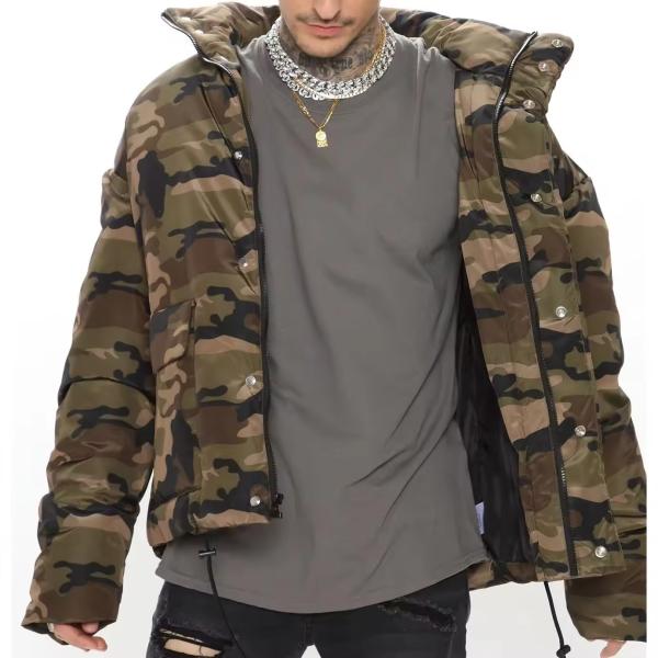 Nouveau produit Outdoor hiver unisexe Camouflage Cargo Pocket Puffer Puffer Jacket Front Front Bomber personnalisé Veste pour hommes