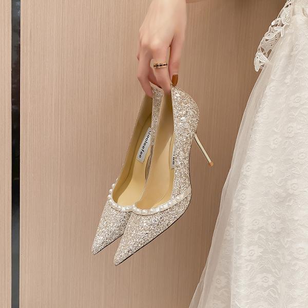 Spring Ladies Wedding Pumps , Sheepskin Golden Shiny Pearl Crystal Shoes