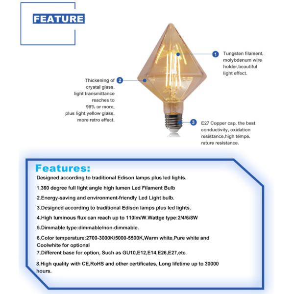 Шарики 220-240V 8W нити СИД edison диаманта шарика нити D95 E27 янтарные привели шарик