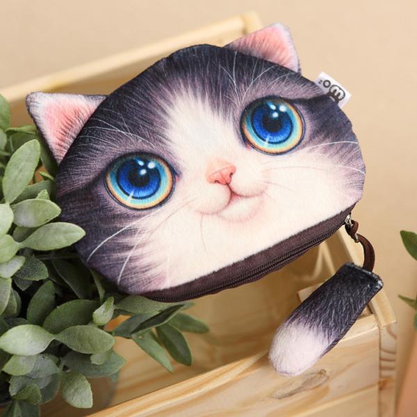 Customized Color Plush Make-up Bag with 3D Cat Coin Purse and Animal Print Tail Zipper