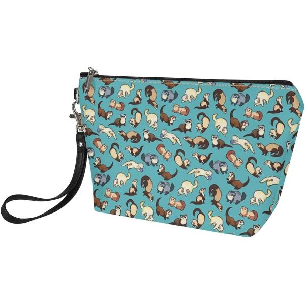 Cute Ferrets Print Small Zipper Makeup Bag with Strap Water Resistant PU Leather  Cosmetic  Bag
