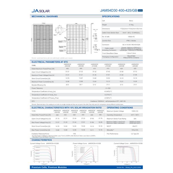 PERC JA Солнечная панель 108 ячеек Моно Харф ячейка MBB 400W 405W 410W 415W 420W 425W 450W GB двойного стекла