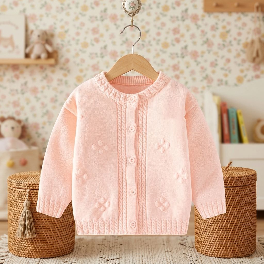 Baby Girl Cute Floral Pattern Cardigan Sweater with Button Closure and Lightweight Wool for Spring