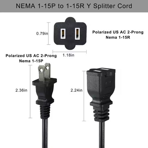 1-to-4 NEMA 1-15P Flat Plug Power Splitter - Space-Saving 125V 15A Multi-Outlet Extension for Home/Office