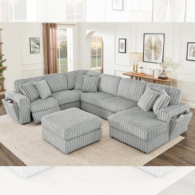 Recliner Sofa set with Hidden Cup Holder and Wireless Charger, Gray Corduroy Fabric