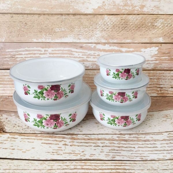 Logo Printing Enamel Ice Bowl Set 10 12 14 16 18cm Enamel Metal Food Storage Bowls