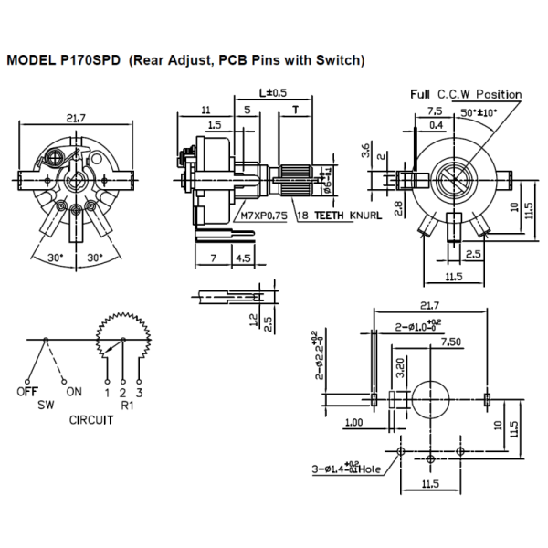 Durable panel potentiometer TT Electronics P170S-EC15BR100K with conductive