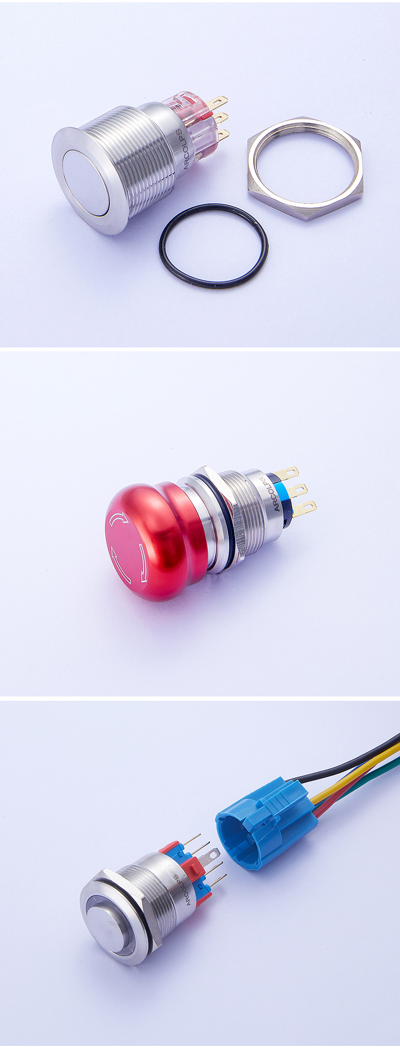 Tri Color LED RGB Push Button Switch 22mm Waterproof Momentary Switch