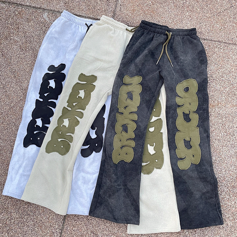 Acid Wash Distressed Wide Leg Sweatpants Applique Logo Hip Hop Joggers Cargo Pants