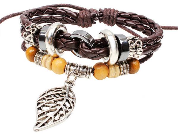 Maple wood beads beaded leather woven leather bracelet alloy bohemian bracelet