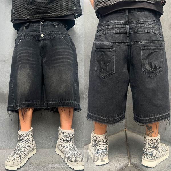 Custom Jogger Double Layer Embroidery Seven Point Logo Streetwear Distressed Black Acid Washed Denim Jeans Shorts for Men