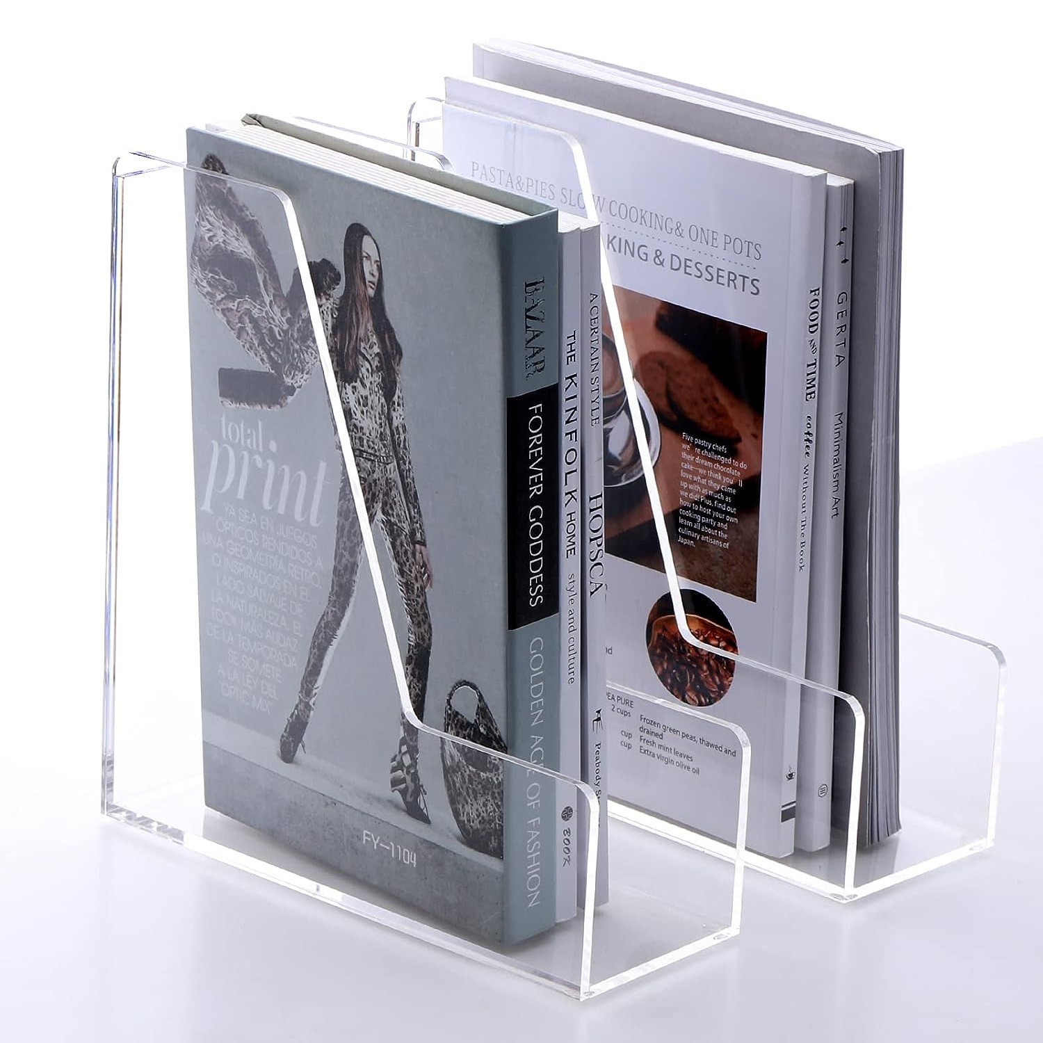 Clear Acrylic Desk Organizer Set, L-shaped Double Slot Bookends & A4 Hanging File Folder Storage Box, Transparent Office Paper Magazine Document Holder for Office Home Desktop Storage