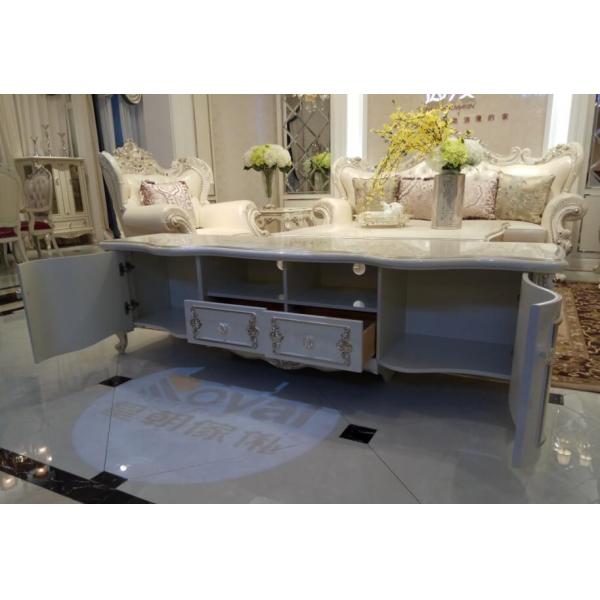 2000mm Classic French Furniture White TV Cabinet Beautiful Rose Carve Pattern