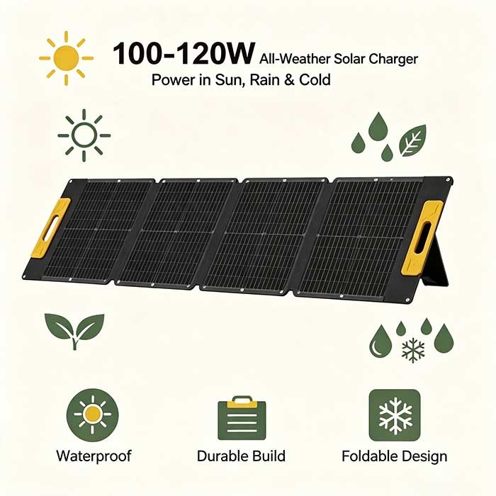 100W Light‑Weight Portable Folding Solar Panel, Off‑Grid Solar Charger for Hiking Beach & Picnic Trips
