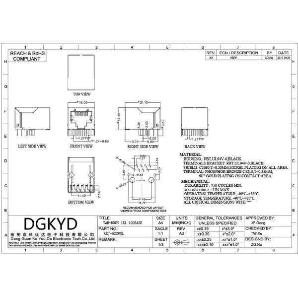 Front Pin Integrated Magnetics RJ45 Modular Jack With Copper Alloy Shell